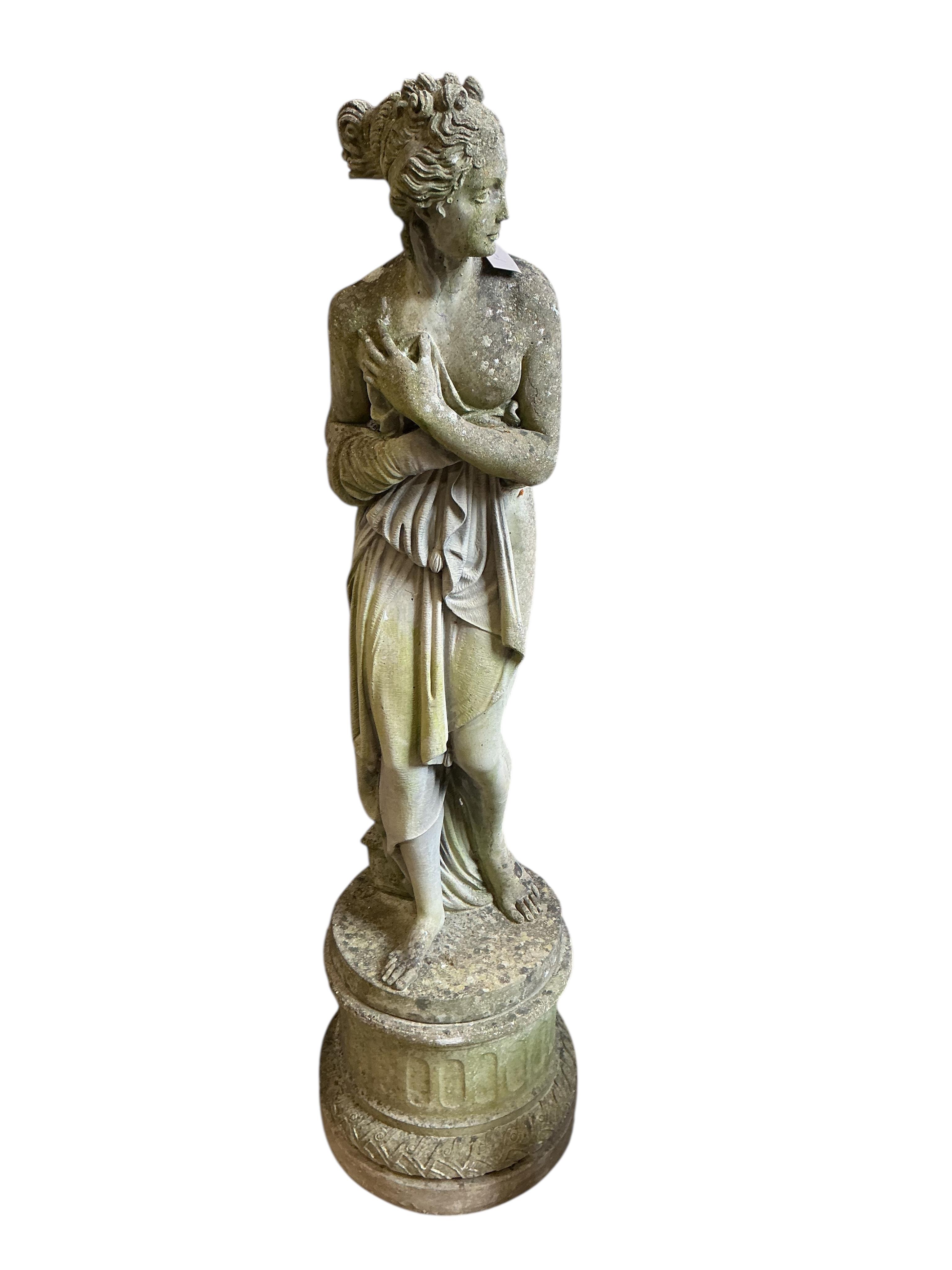 A garden figure of Pandora on plinth, height 150cm